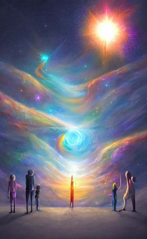 Image similar to Meeting God in the universe, digital art, trending on art station