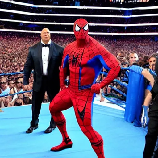 Image similar to dwayne johnson smackdown entrances wearing spiderman costumes, camera angle