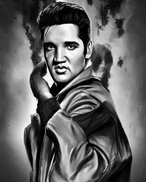 Image similar to a powerful energy elvis presley portrait, grainy black and white photo, by alexander fedosav, hyper detailed digital matte painting, concept art, hyperrealism, 1 6 k resolution, cinema 4 d, 8 k resolution, trending on artstation, behance hd, a masterpiece, by stephan martiniere, particles, by david a. hardy,