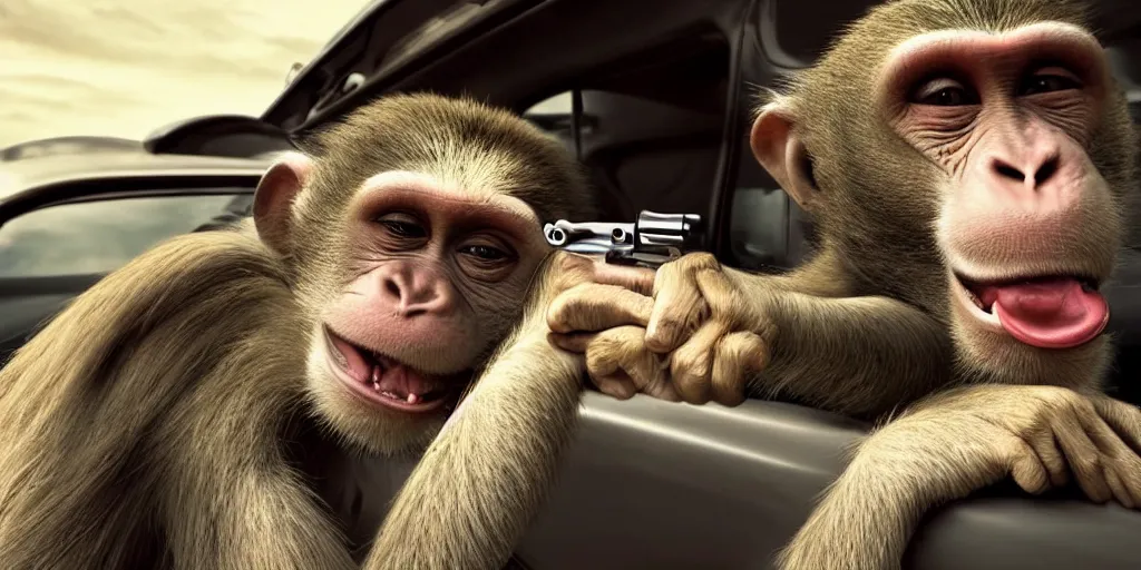 Image similar to a man with a crazy look driving car, a monkey holding a revolver in the back seat, a frightened man next to the driver, hd, ultra realistic, detailed, cinematic