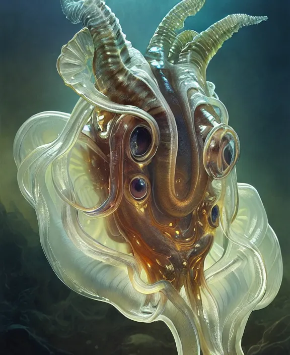 Image similar to intricate transparent portrait of a terrifying beautiful alien cuttlefish, horns, mottled coloring, adorable, childlike, anxiety environment, ultra realistic, concept art, art nouveau, photorealistic, octane render, 8 k, unreal engine. art by christopher marley and artgerm and greg rutkowski and alphonse mucha