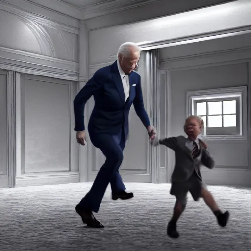 Image similar to joe biden chasing a child in the backrooms, hyper - realistic, 4 k, octane - render, realistic.