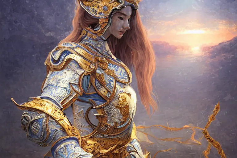 Image similar to portrait knights of Zodiac girl, Chinese Blue and white porcelain reflected armor, kung fu fighting in ruined Agora of Athens sunrise, ssci-fi, fantasy, intricate, very very beautiful, elegant, golden light, highly detailed, digital painting, artstation, concept art, smooth, sharp focus, illustration, art by tian zi and WLOP and alphonse mucha