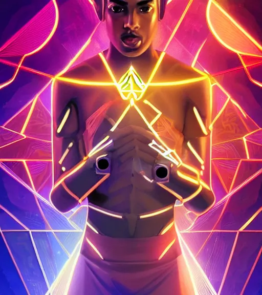 Image similar to symmetry!! egyptian prince of technology, solid cube of light, hard edges, product render retro - futuristic poster scifi, lasers and neon circuits, brown skin man egyptian prince, intricate, elegant, highly detailed, digital painting, artstation, concept art, smooth, sharp focus, illustration, dreamlike, art by artgerm