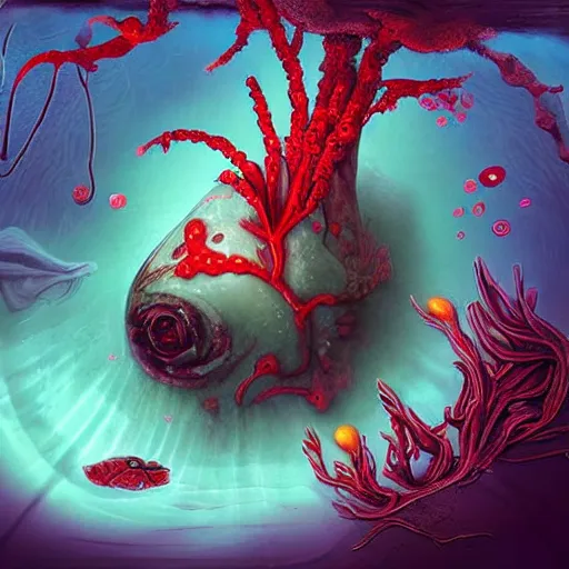 Prompt: a beautiful but creepy and haunting flower with a glowing red heart, growing deep under the sea. Digital art, detailed and intricate, beautiful, haunting
