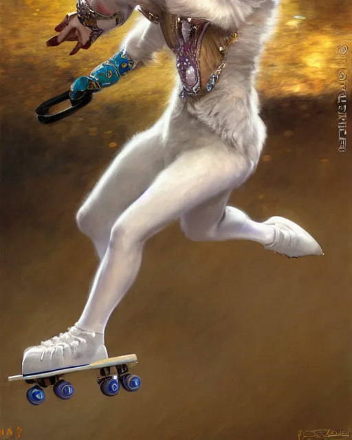 Prompt: white female anthro wolf skating at a roller derby, 4 k, trending on artstation, very expressive detailed face, energetic, action, motion blur, by gaston bussiere, craig mullins, j. c. leyendecker, gustav klimt, artgerm, greg rutkowski, alphonse mucha