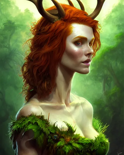 Prompt: keyleth, female druid, perfect face, thin antlers, green halter top, ginger hair, abs, cinematic, freckles, stunning, athletic, strong, agile, highly detailed, psychedelic, digital painting, artstation, smooth, hard focus, illustration, art by jessica rossier and and brian froud