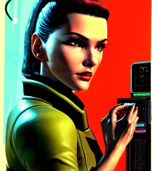 Prompt: cable plugged in, side of head, very very beautiful woman, cyberdeck computer terminal, chrome jacket, 1 9 7 9 omni magazine cover, style by vincent di fate, cyberpunk 2 0 7 7, very coherent, detailed, 4 k resolution, unreal engine, daz