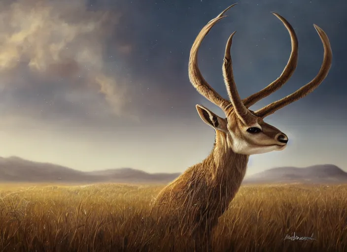 Prompt: a full head shot, detailed photograph of a dreaming antilope in a distance landscape, photorealism ultradetailed digital art, irina french, heraldo ortega, mandy jurgens, golden ratio, art canvas, award winning, masterpiece trending on artstation 8 k 1 5 0 mpx, hasselblade wide shot