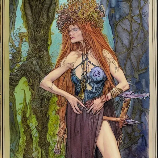 Image similar to a realistic and atmospheric watercolour fantasy character concept art portrait of brigitte bardot as a druidic warrior wizard looking at the camera with an intelligent gaze by rebecca guay, michael kaluta, charles vess and jean moebius giraud