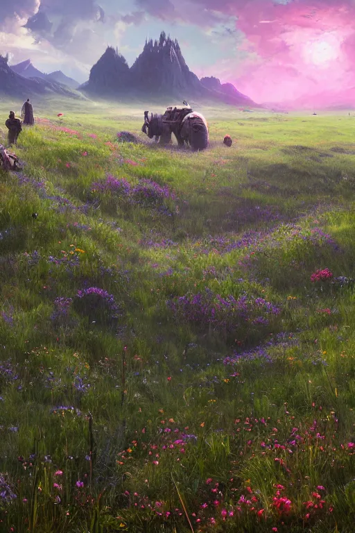 Image similar to An endless beuatiful and colourful meadow by Greg Rutkowski, Sung Choi, Mitchell Mohrhauser, Maciej Kuciara, Johnson Ting, Maxim Verehin, Peter Konig, final fantasy , 8k photorealistic, cinematic lighting, HD, high details, atmospheric,