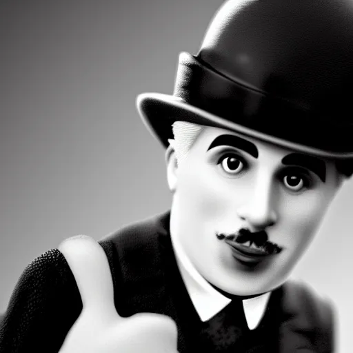 Image similar to charlie chaplin on the street, black and white color aesthetic, highly detailed, photorealistic portrait, bright studio setting, studio lighting, crisp quality and light reflections, unreal engine 5 quality render