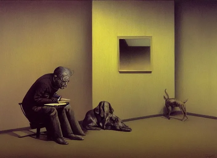 Image similar to portrait painting of a man and his dog, science fiction, Edward Hopper and James Gilleard, Zdzislaw Beksinski highly detailed