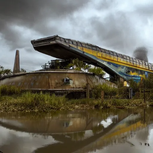 Image similar to post - apocalyptic epcot center, wasteland, submerged, monorail, abandoned, wet, swamp, swamp gas, nuclear fallout, yellow mist, yellow sky, dark clouds, walt disney world, highly detailed, intricate, 8 k