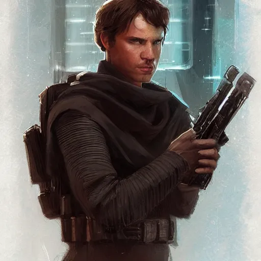 Image similar to portrait of a man by greg rutkowski, jedi knight anakin fel, short black hair, star wars expanded universe, he is about 3 0 years old, wearing the tactical gear of the galactic alliance, highly detailed portrait, digital painting, artstation, concept art, smooth, sharp foccus ilustration, artstation hq