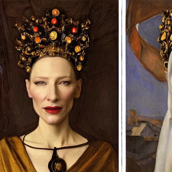 Image similar to cate blanchett by Annie Swynnerton and Nicholas Roerich and Vermeer, strong dramatic cinematic lighting, ornate headdress, lost civilizations, smooth, sharp focus, extremely detailed