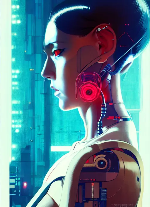 Image similar to side portrait of cyborg girl with robotic parts | | head only in center of image, audrey plaza, fine detail!! anime!! realistic shaded lighting!! poster by ilya kuvshinov katsuhiro otomo ghost - in - the - shell, magali villeneuve, artgerm, jeremy lipkin and michael garmash and rob rey