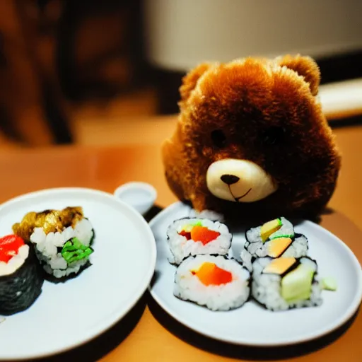 Prompt: a photo of a realistic teddy bear eating sushi in Paris, summer day, beautiful , photorealistic , 8k 35 mm Kodak film