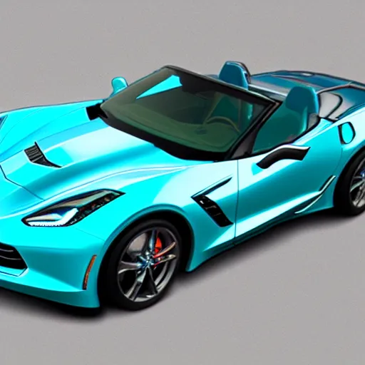 Prompt: a small dark luminous turquoise color liquid water sculpture is hybrid of a corvette convertible, viscous, reflective, monochromatic, digital art