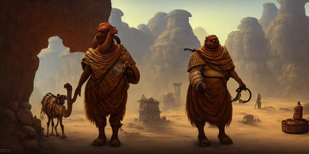 Image similar to an anthropomorphic camel that is a merchant, village trader, caves of qud, matte oil painting, retrofuturistic, concept art, science fantasy, post - apocalyptic, mutant, rpg, epic, rust, salt, plants, dungeons & dragons, toxic, sharp focus, award - winning, extremely detailed, 4 k, 8 k