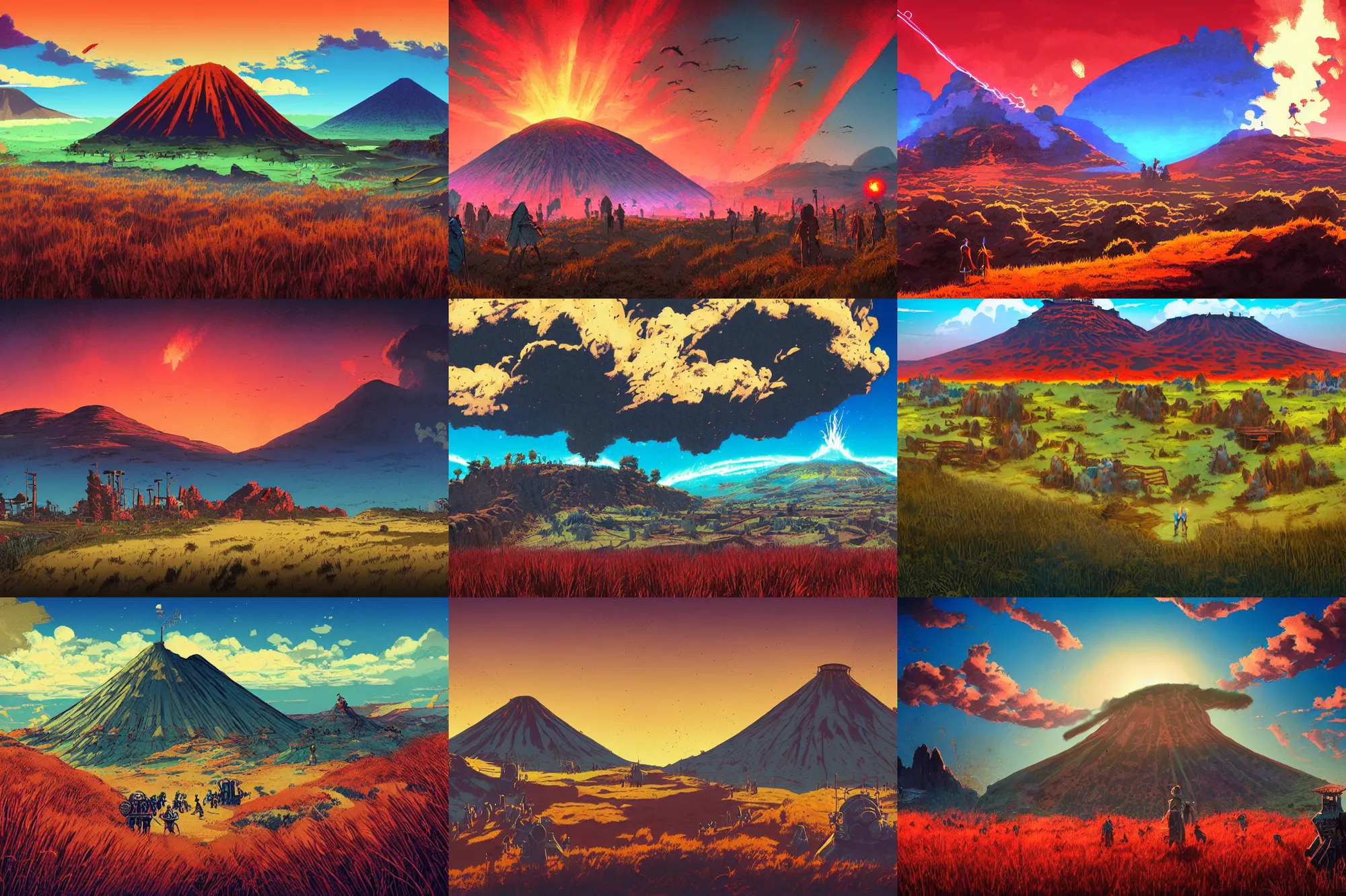 Prompt: extinct volcano, red grass, village, crowd of people, blue sky, steampunk!!!! grainy texture, infographic with illustrations, glowing lights, epic fantasy, colorfully, digital art, highly saturated colors, concept art, detailed illustration, hd, 4 k, digital art, greg rutkowski, dan mumford, studio ghibli trending on artstation