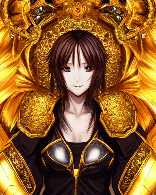 Image similar to anime style portrait of woman in shining golden armor, high production value, intricate details, high resolution, hdr, high definition, masterpiece, realistic, ultrarealistic, highly detailed, hd, sharp focus, non blurry, sharp, smooth