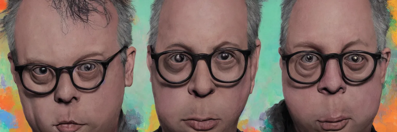 Prompt: colorful oil painting of character faces, realistic todd solondz turning into a skull, clear todd solondz face, glasses, disturbed, character sheet, fine details, concept design, contrast, kim jung gi, greg rutkowski and da vinci, 8 k, emotional, face turnaround 3 6 0, front view, back view, side view, ultra wide angle