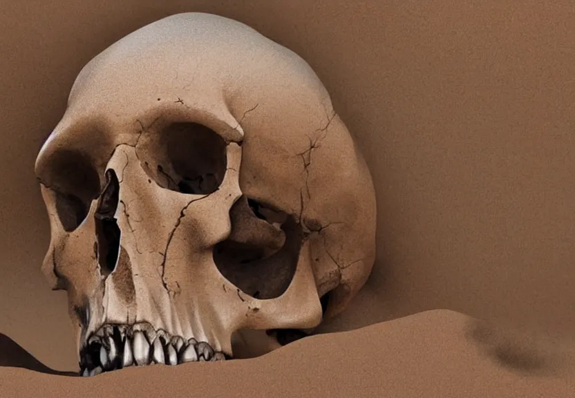 Image similar to close shot of a human skull buried in the sahara desert sand, a realistic digital painting by greg rutkowski and james gurney, trending on artstation, highly detailed