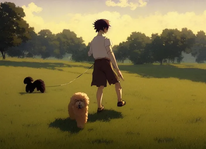 Prompt: france 1 9 2 0's, young adult running with his goldendoodle dog on a green meadow, golden hour, finely detailed perfect art, gapmoe yandere grimdark, trending on pixiv fanbox, painted by greg rutkowski makoto shinkai takashi takeuchi studio ghibli