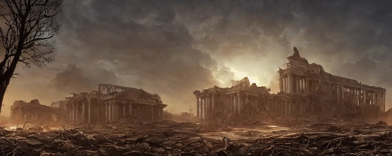 Image similar to A beautiful hyper realistic detailed matte painting of the destroyed Capitolium after nuclear bomb | post-apocalyptic landscape at early sunrise | a lot of debris and burned bushes and trees | by John Howe and Andreas Rocha and Martin Johnson Heade and Albert Bierstadt, Fallout style | unreal engine, trending on artstation, golden ratio, rectilinear