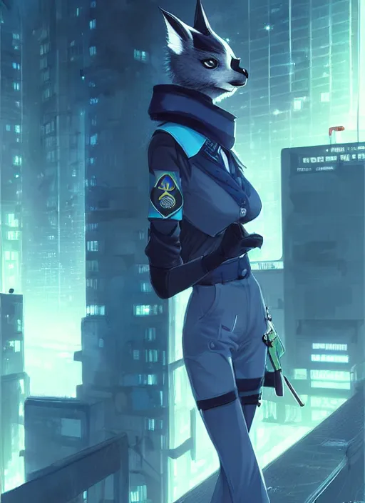 Prompt: A beautiful portrait commission of a female furry anthropomorphic avian blue bird fursona wearing a security guard uniform with a bullet proof vest. Cyberpunk city at night. Atmospheric. Character design by charlie bowater, ross tran, artgerm, and makoto shinkai, detailed, inked, western comic book art. 🐦
