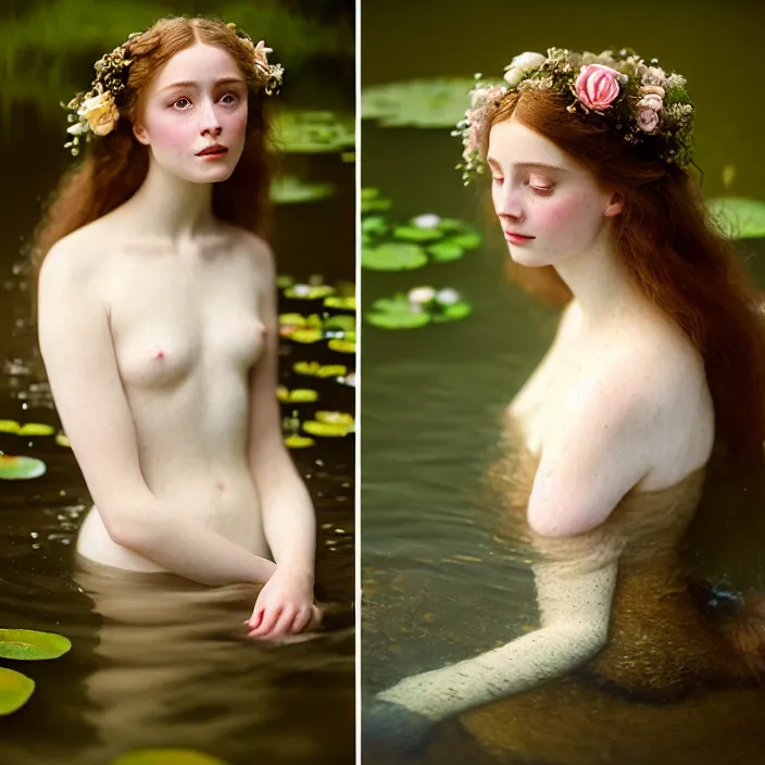 Image similar to Kodak Portra 400, 8K, soft light, volumetric lighting, highly detailed, britt marling style 3/4 ,portrait photo of a beautiful woman how pre-Raphaelites painter, the face emerges from the water of a pond with water lilies, in the pose of Ophelia Millais, a beautiful lace dress and hair are intricate with highly detailed realistic beautiful flowers , Realistic, Refined, Highly Detailed, natural outdoor soft pastel lighting colors scheme, outdoor fine art photography, Hyper realistic, photo realistic