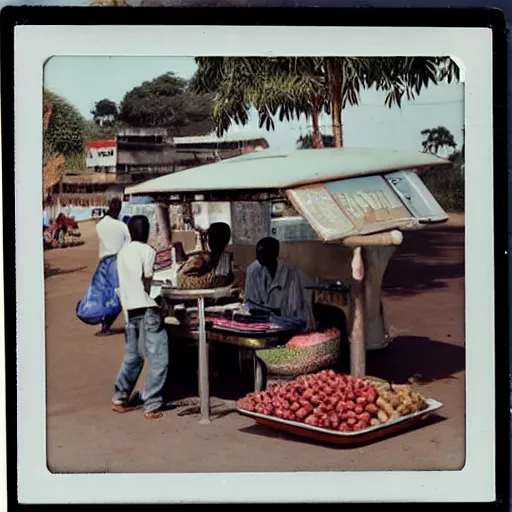 Prompt: old polaroids of futuristic african bus stops with informal sellers and digital screens, women selling fruit, autonomous african busses