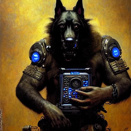 Image similar to a portrait of a black german shepard orc dogman canine neuromancer with human eyes serious looking holding computer console. shadowrun cyberpunk fantasy d & d highly detailed painting by gaston bussiere craig mullins jc leyendecker gustav klimt artgerm greg rutkowski