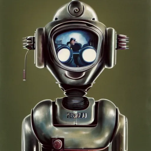 Prompt: body shot of 1950s retro cactus robot, with space above the head. Bionic Arms and eyes. pop surrealism, muted colours. by Jean-Baptiste Monge, wide shot