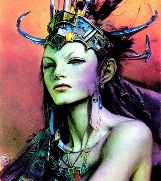 Image similar to princess of the wasteland, scrap metal headdress, strong line, vivid neon color, high contrast, beautiful! coherent! by brian froud, by frank frazetta, low angle