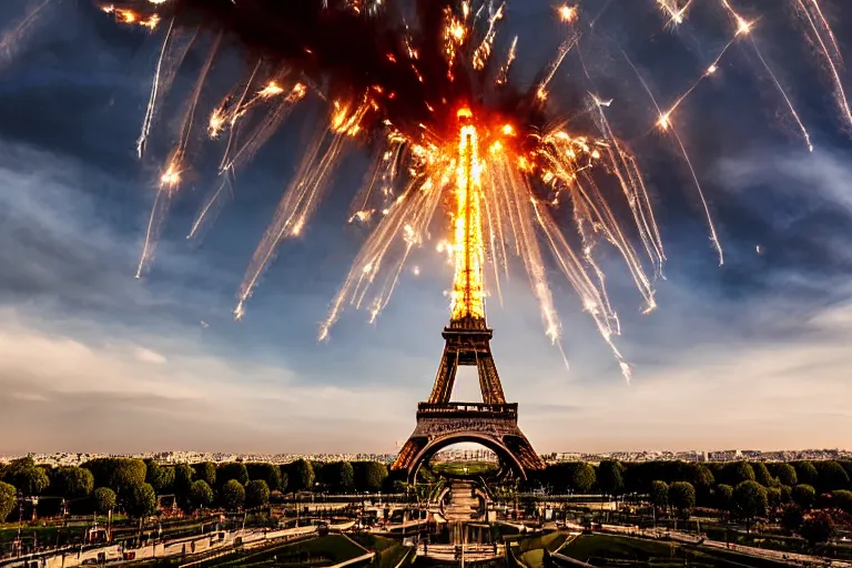 Image similar to the eiffel tower blowing up, cinematic photograph, explosion, epic photograph, amazing lighting, destruction, stunning,