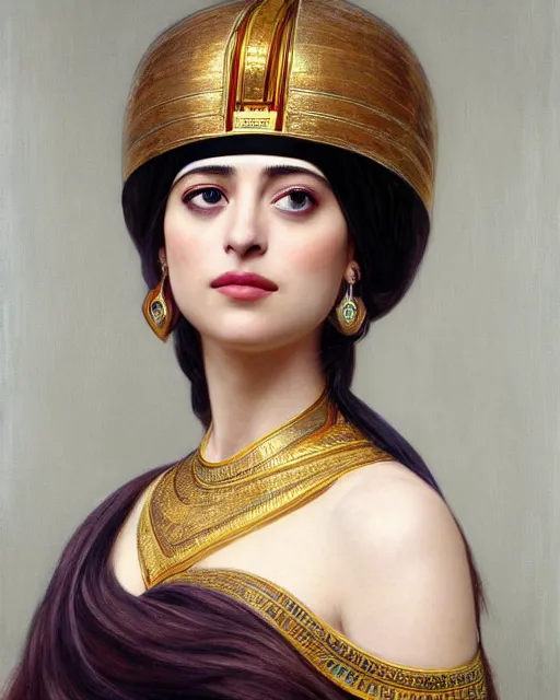 Image similar to Dakota Johnson as a beautiful egyptian princess, gorgeous, portrait, Symmetrical, powerful, intricate, beautiful, masterpiece, elegant, volumetric lighting, highly detailed, digital painting, hyper-realistic, artstation, sharp focus, no blur, illustration, William-Adolphe Bouguereau , ruan jia