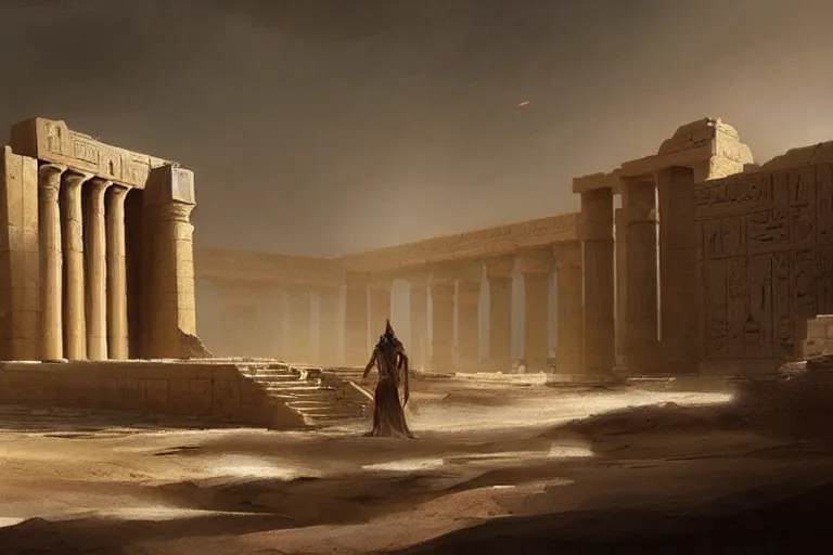 Image similar to a fantasy concept artwork depicting magnificent egyptian temple in the desert and the sandstorm is approaching by anders zorn, craig mullins and greg rutkowski, beautiful cinematic light