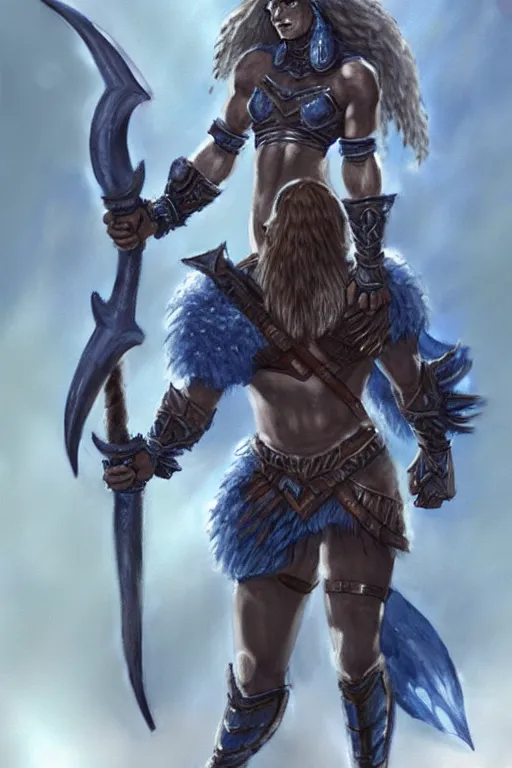 Image similar to a small blue-skinned triton girl wearing scale armor riding on a the shoulders of a large male goliath wearing fur and leather armor, dnd concept art, painting by troy denning