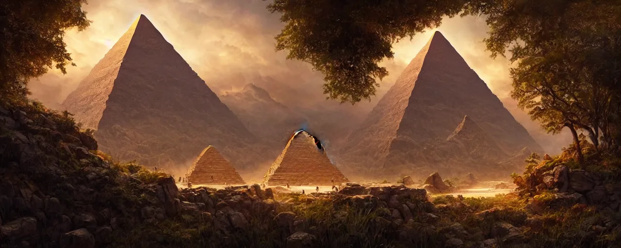 Prompt: an intricate concept art of a hidden pyramid with golden door in the middle of mountains undergrowth, photorealistic movie still, sci - fi, hyper realistic, concept art, art by dylan cole, feng zhu, artgerm, greg rutkowski, cinematic lighting, octane render