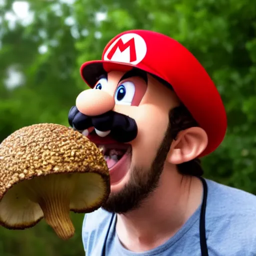 Image similar to photo of real life mario finding a giant mushroom, exhilarated, portrait, closeup. mouth open, 30mm, bokeh