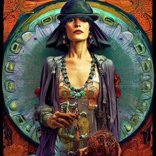 Image similar to baroque portrait of an art deco machine shaman, reflective detailed textures, highly detailed fantasy science fiction painting by annie swynnerton and jean delville and moebius, norman rockwell and maxfield parrish. modern industrial shaman, rich colors, high contrast. artstation