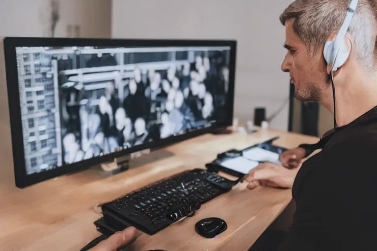 Image similar to a man at his computer wearing earbuds, a symphony orchestra on the screen