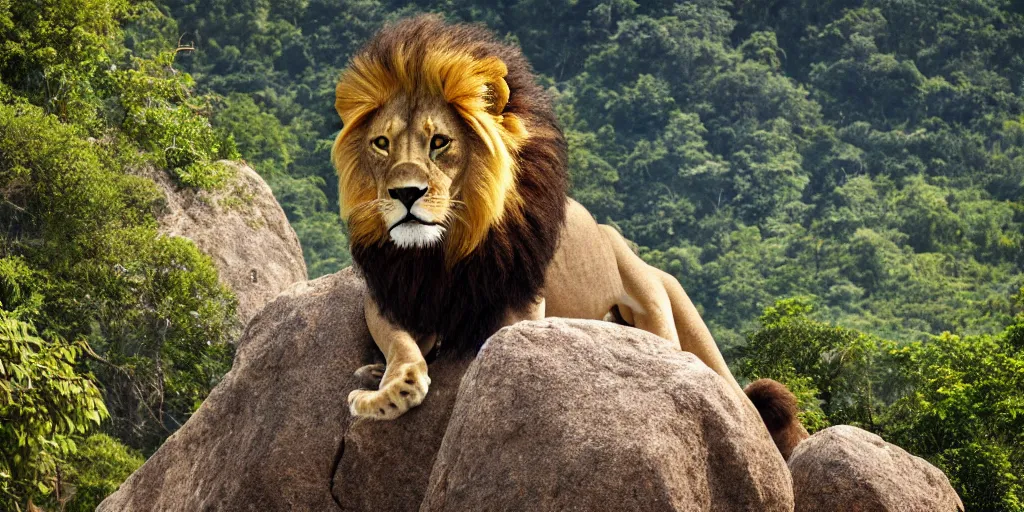 Image similar to hyperrealistic photo of a lion roaring on top of a rock over looking the jungle, 8 k