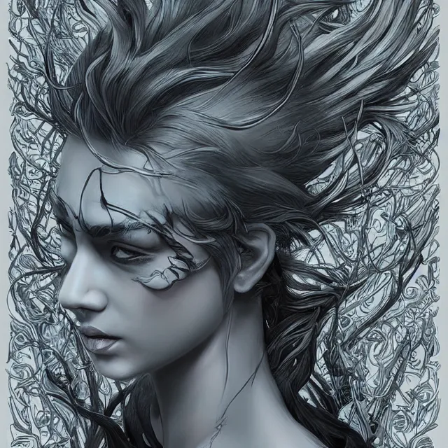 Prompt: digital art, centered portrait dragon with short hair, face made with intricate roots, by james jean and by artgerm, by ross tran, ultradetailed, charachter design, concept art, trending on artstation,