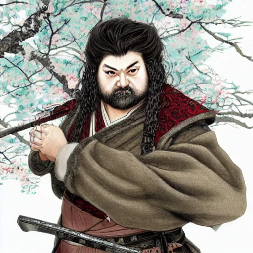 Image similar to detailed portrait of hagrid samurai with swords and steampunk rifles, in snow forest sakura cherry blossom, hakama kimono, trending on artstation elite, elegant, luxury, by krenz cushart, junji ito, takato yamamoto, perfect face, fine details, realistic shaded, fine - face, pretty face