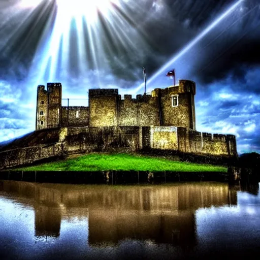 Image similar to Dover castle surrounded by floodwater, England, dramatic lighting, god rays, cinematic, epic, HDR