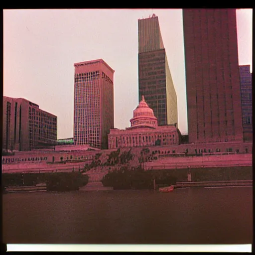 Prompt: madison wisconsin capital being attacked by radioactive godzilla 1 9 8 9 polariod