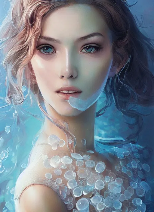 Prompt: a beautiful woman in a jellyfish themed dress. beautiful highly detailed face, looking directly at the viewer. painting by artgerm and greg rutkowski and magali villanueve.